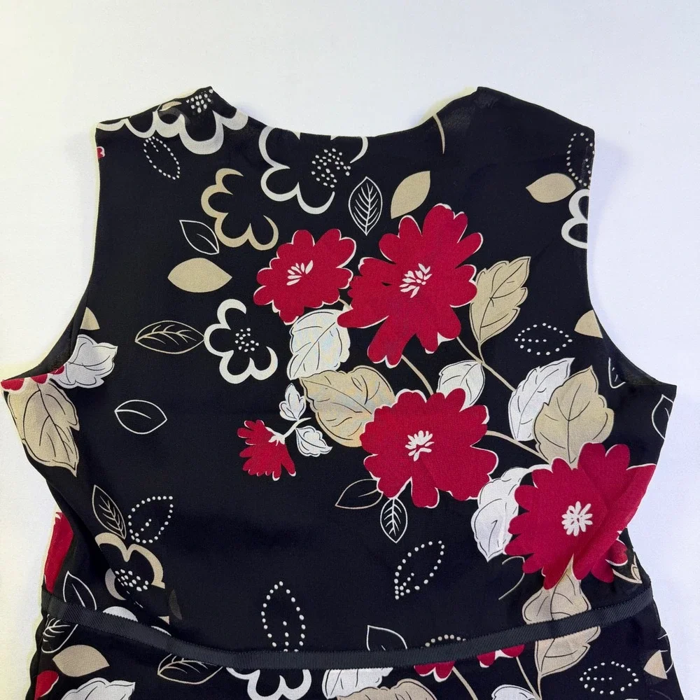 Ann Taylor Petites 100% Silk 2 Piece Skirt Set Floral Black Red V-Neck Size 6P